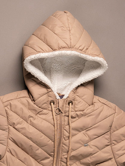 Girls Beige Hooded Quilted Poly Jacket with Soft Inner Lining