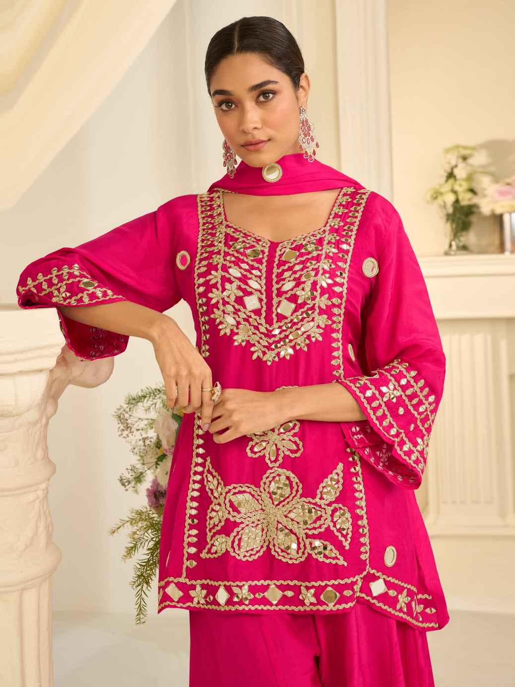 Rani Pink Premium Chinon Silk Embroidered Sharara Suit with Dupatta