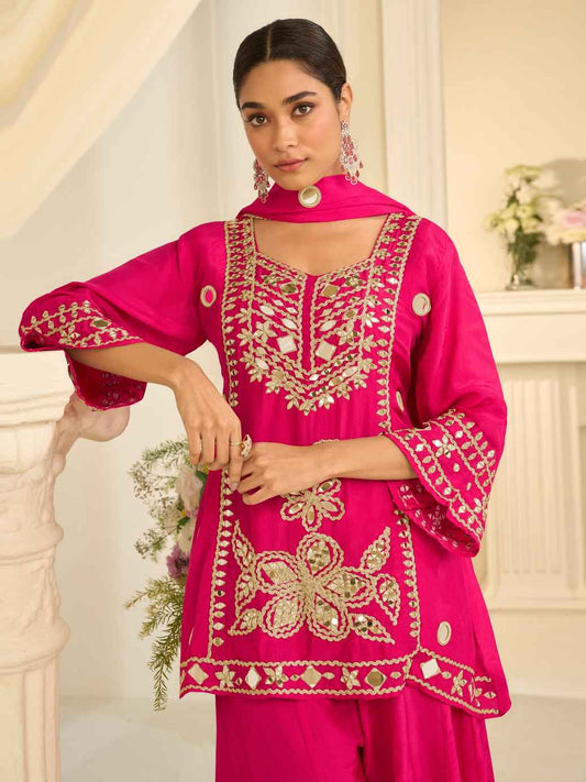 Rani Pink Premium Chinon Silk Embroidered Sharara Suit with Dupatta