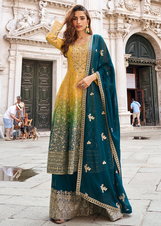 Mustard Yellow & Teal Green Jacquard Silk Sharara Suit