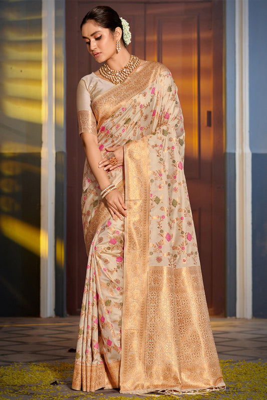Cream Banarasi Silk Saree With Blouse Piece