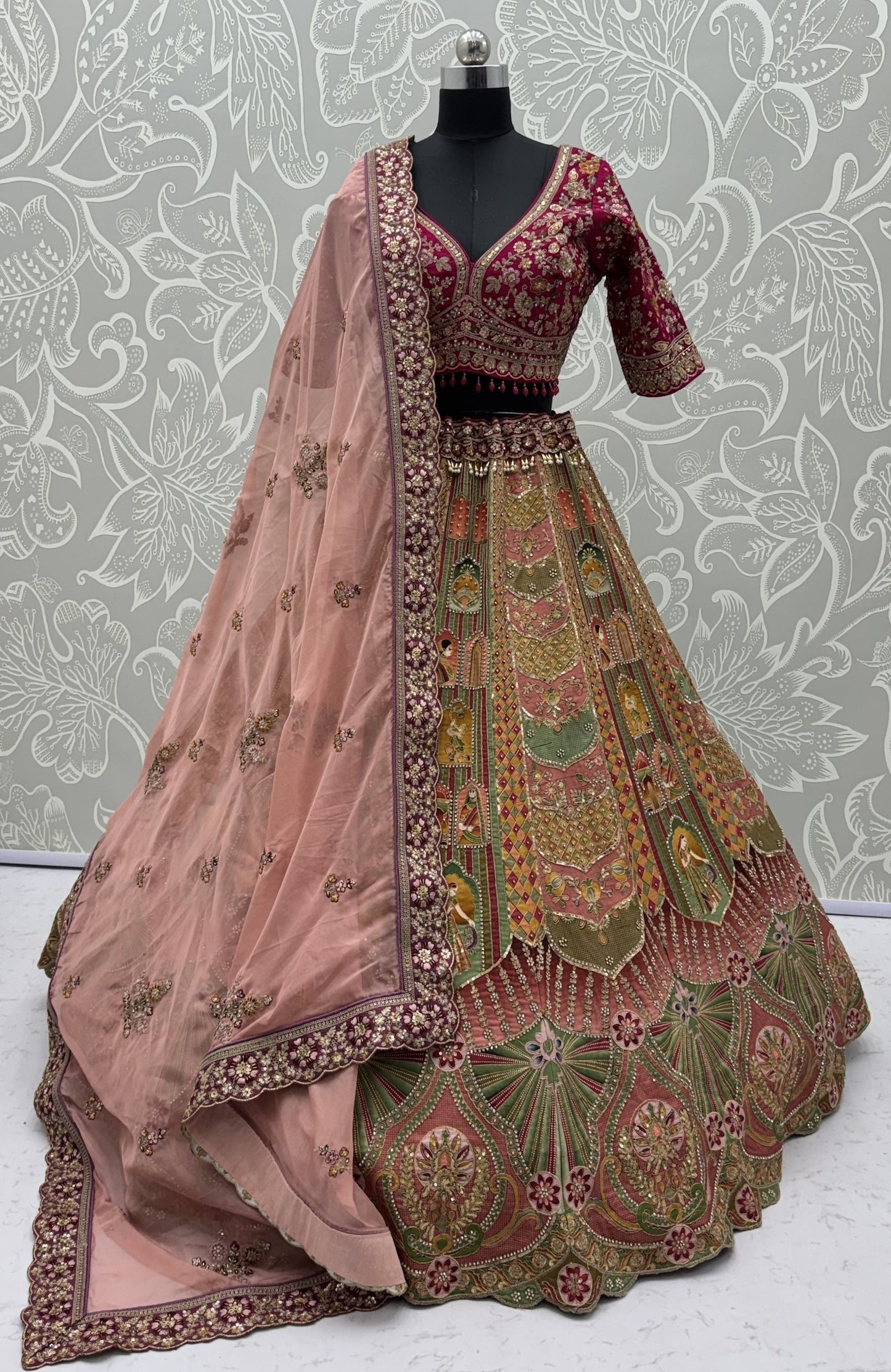 Multi Colour Pure Slub Silk Premium Dori Embroidery Sequins & Diamond Work Bridal Lehenga Choli