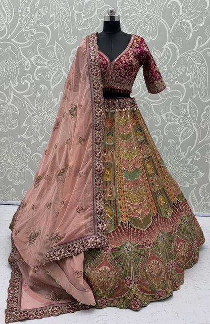 Multi Colour Pure Slub Silk Premium Dori Embroidery Sequins & Diamond Work Bridal Lehenga Choli