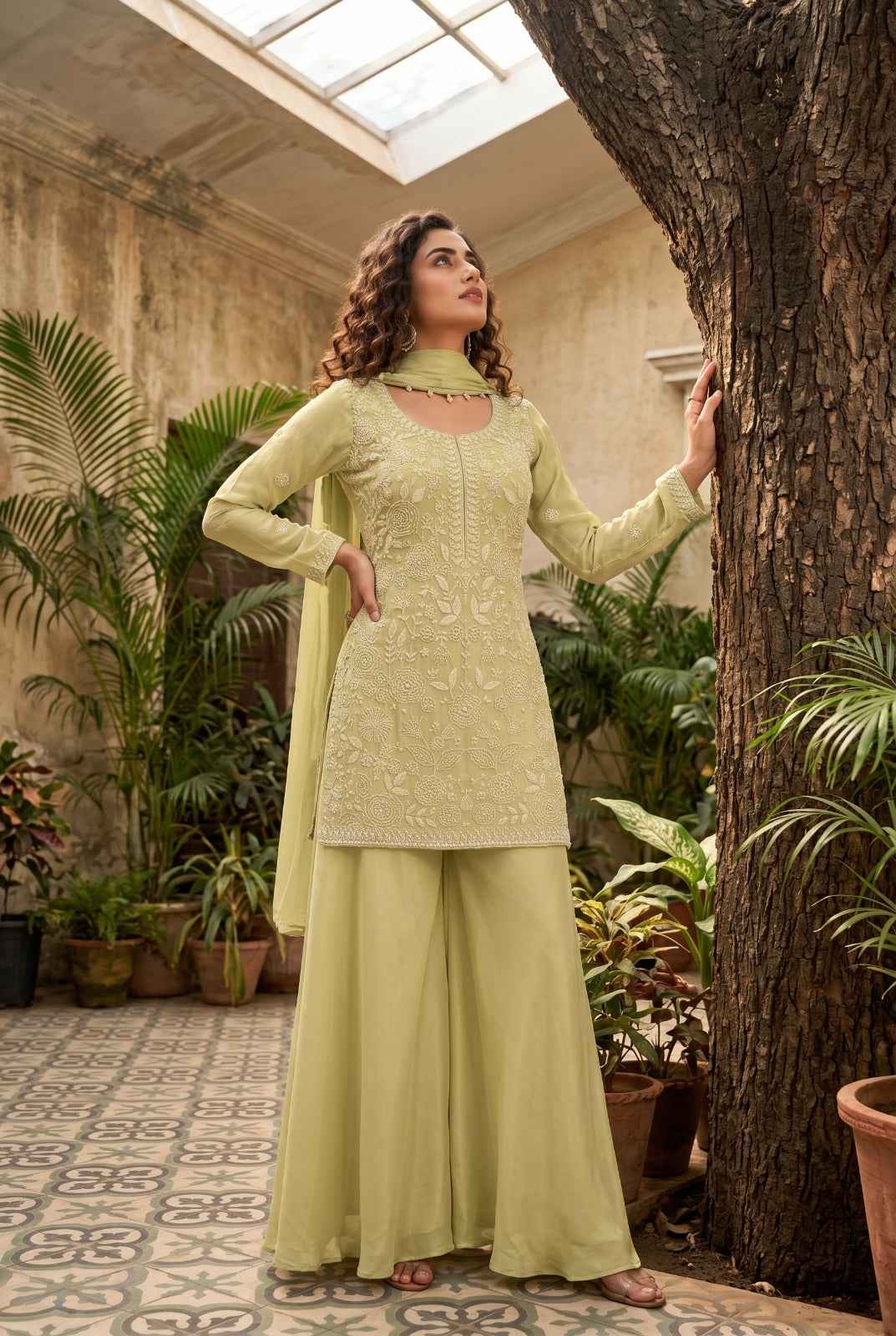 Pistachio Green Premium Chinon Beads Work Sharara Suit