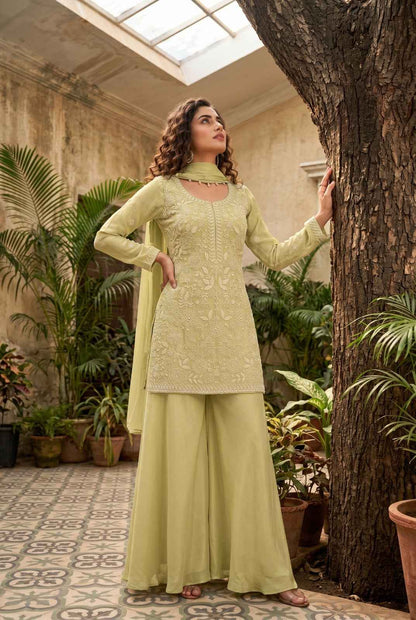 Pistachio Green Premium Chinon Beads Work Sharara Suit