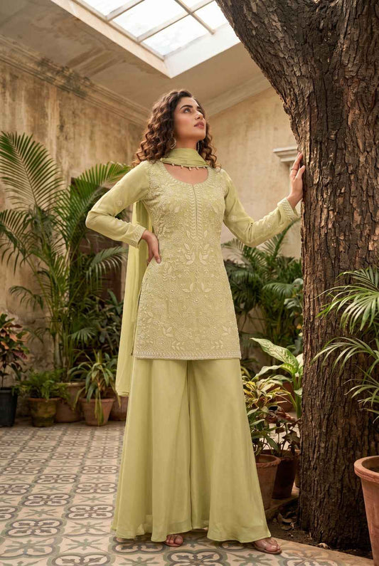 Pistachio Green Premium Chinon Beads Work Sharara Suit