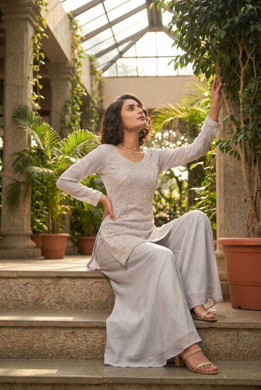 Pearl Grey Premium Chinon Beads Work Sharara Suit