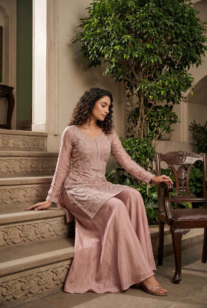 Blush Pink Premium Chinon Beads Work Designer Sharara Suit