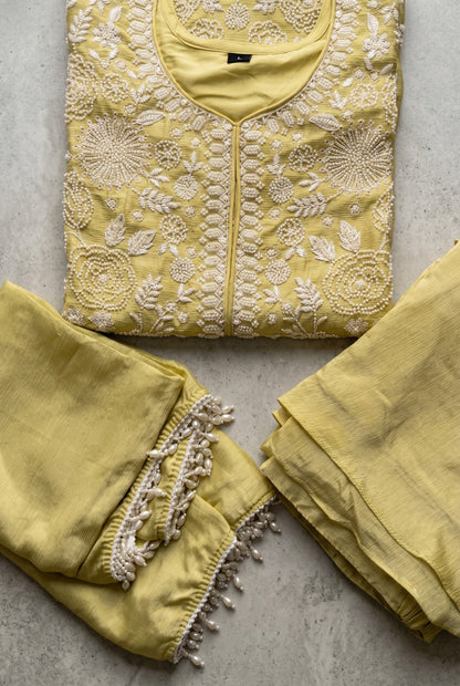 Pistachio Green Premium Chinon Beads Work Sharara Suit