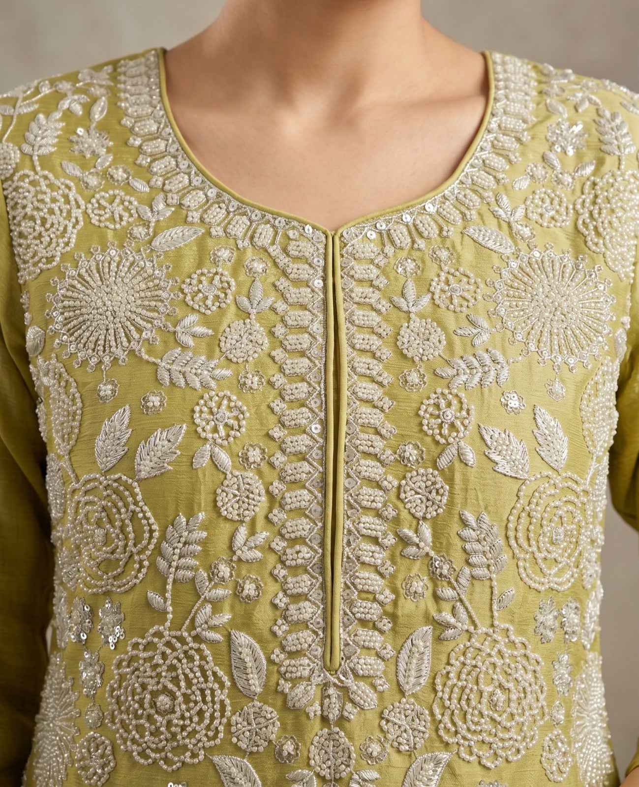 Pistachio Green Premium Chinon Beads Work Sharara Suit