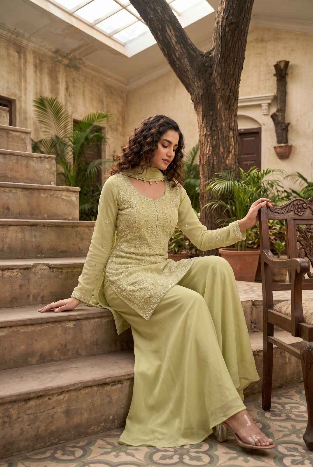 Pistachio Green Premium Chinon Beads Work Sharara Suit