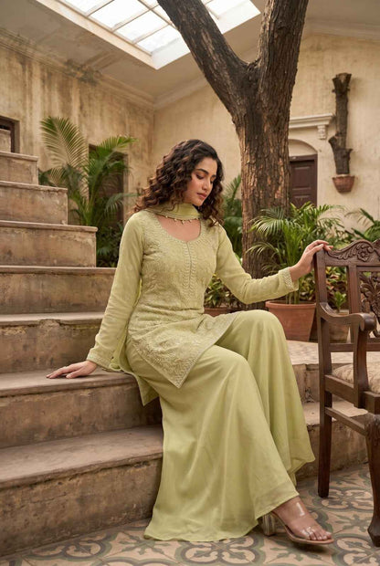 Pistachio Green Premium Chinon Beads Work Sharara Suit