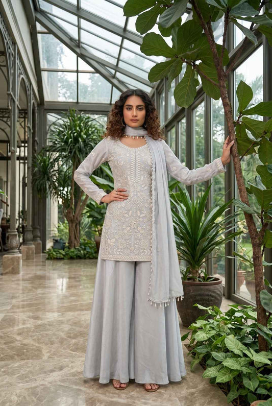 Pearl Grey Premium Chinon Beads Work Sharara Suit