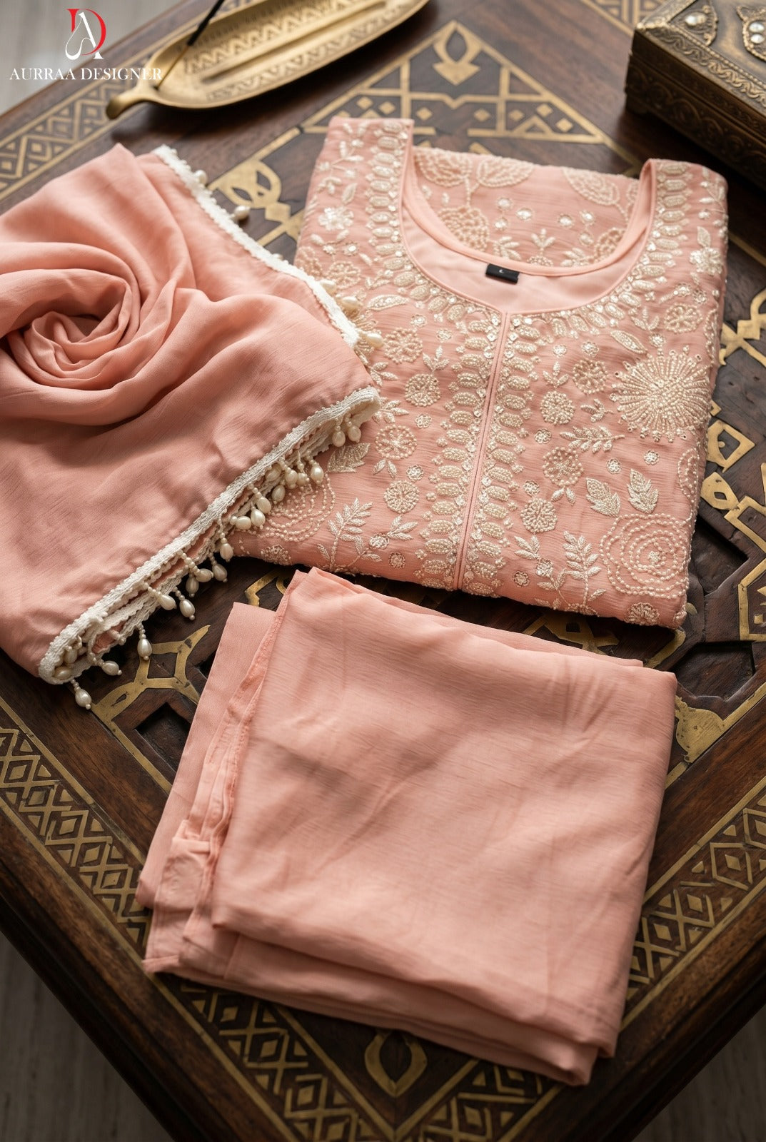 Blush Pink Premium Chinon Beads Work Designer Sharara Suit
