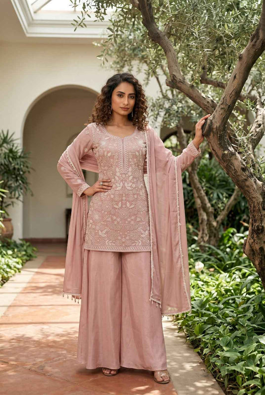 Blush Pink Premium Chinon Beads Work Designer Sharara Suit