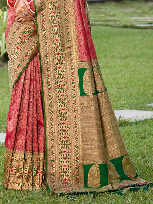 Pink Banarasi silk Saree With Blouse Piece