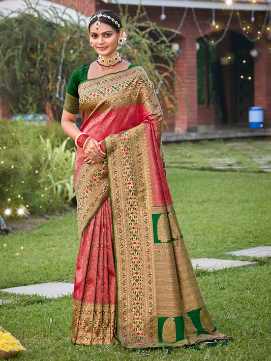 Pink Banarasi silk Saree With Blouse Piece