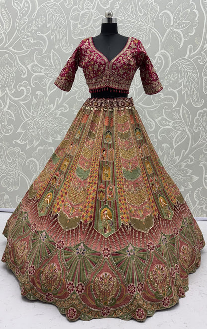 Multi Colour Pure Slub Silk Premium Dori Embroidery Sequins & Diamond Work Bridal Lehenga Choli