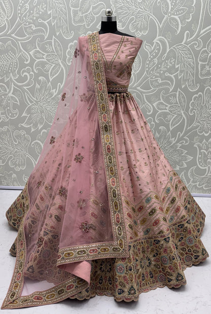 Pink Pure Slubb Silk Premium Dori Embroidery Sequins & Diamond Work Bridal Lehenga Choli