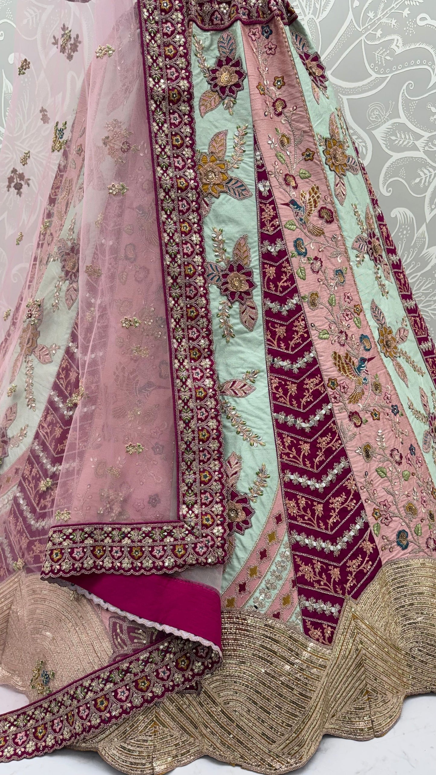 Multi Pure Satin Silk Flower Patch Work Real Hand Mirror & Multi thread Zari Work Bridal Lehenga Choli
