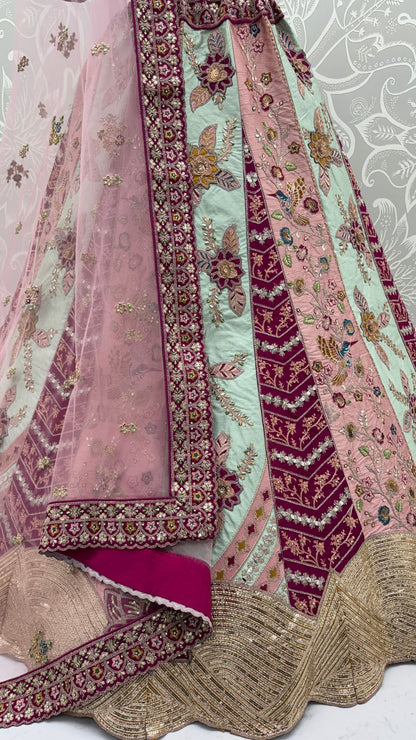 Multi Pure Satin Silk Flower Patch Work Real Hand Mirror & Multi thread Zari Work Bridal Lehenga Choli