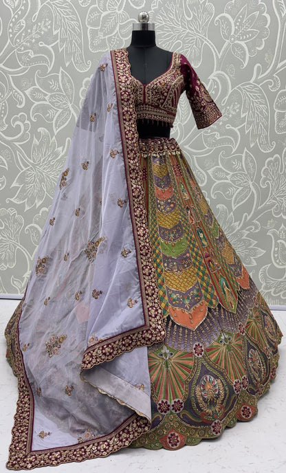 Multi Colour Pure Slub Silk Premium Dori Embroidery Sequins & Diamond Work Bridal Lehenga Choli